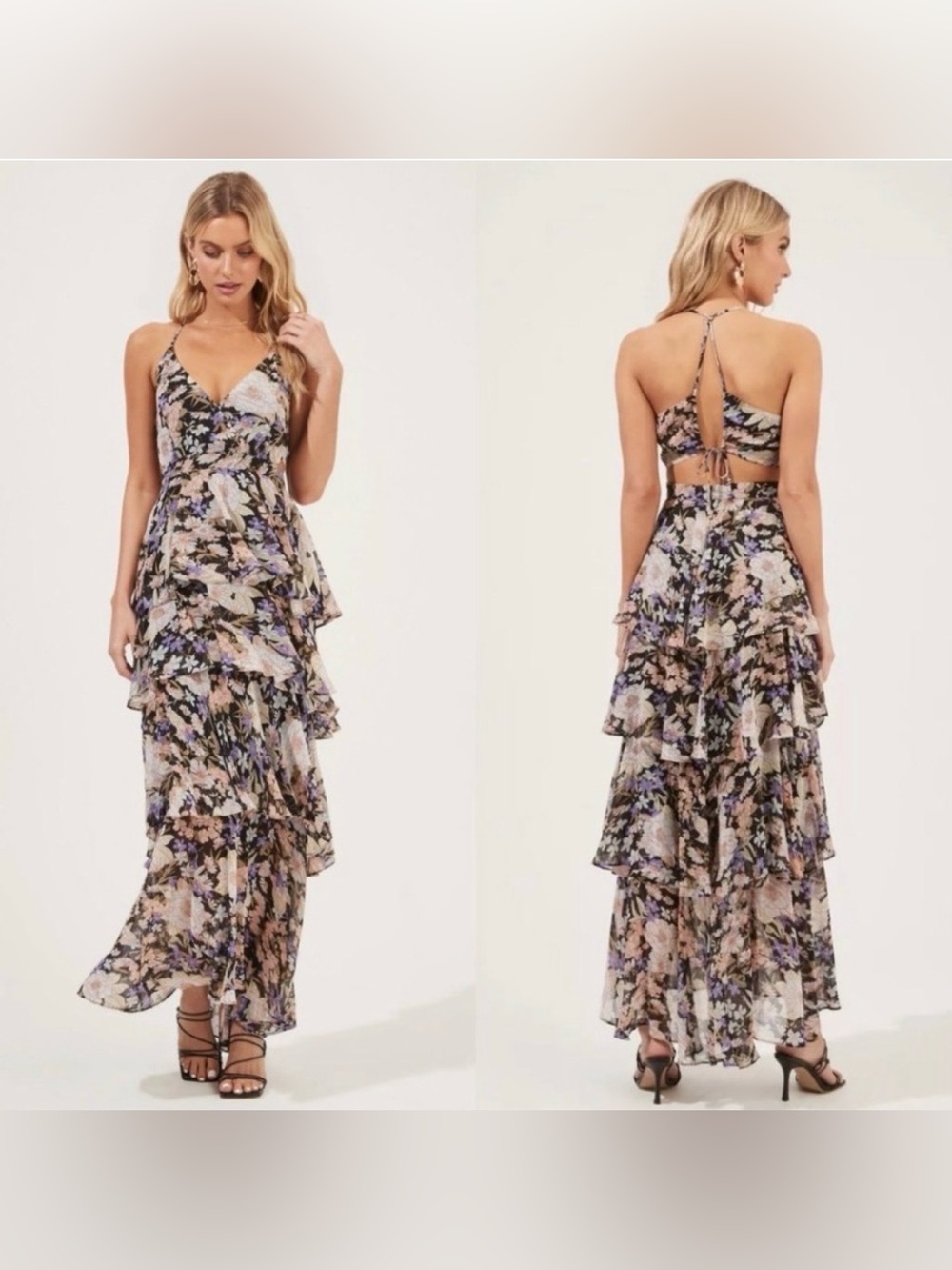 ASTR The Label Floral Tiered Maxi Dress Size L Backless Cutout Boho Wedding
